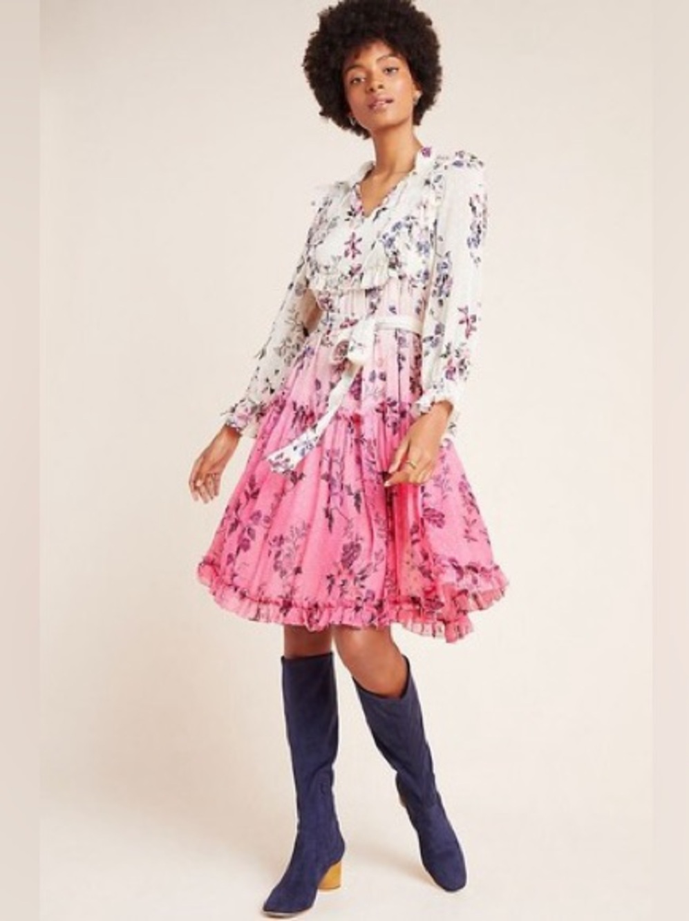 NWT Anthropologie Pink Floral Tiered Midi Dress with Ruffle Details 14